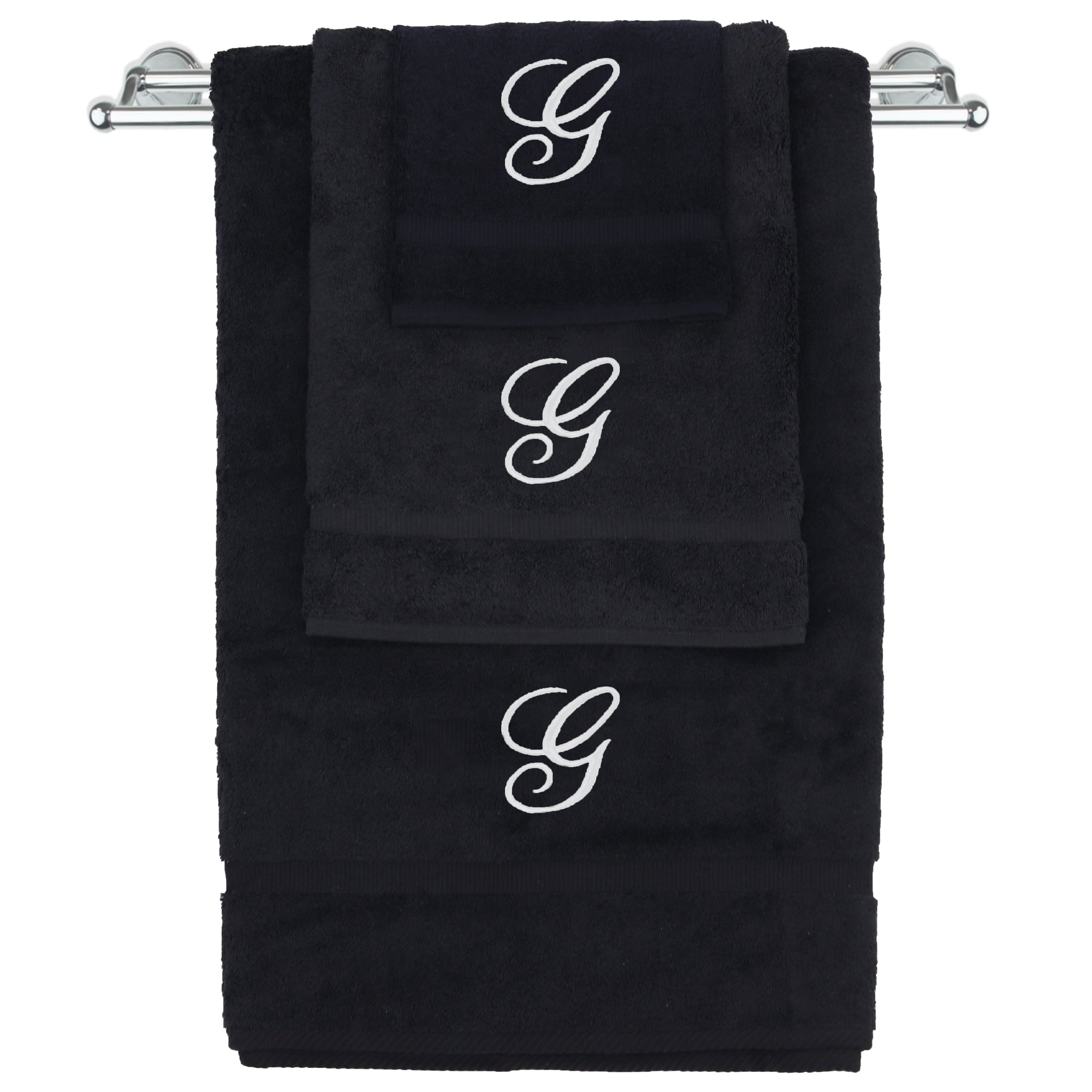 BC BARE COTTON Monogrammed Towel Set, Personalized Gift, Set of 3 - Black - White Script