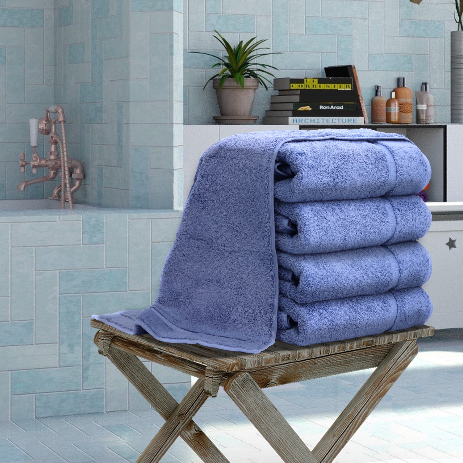 Luxury Turkish Cotton Bath Towel Set - 4-Piece XL Bath Towels (30x56),  Soft, Quick Dry, Absorbent - Beige/Blue, for Bathroom, Spa, Hotel