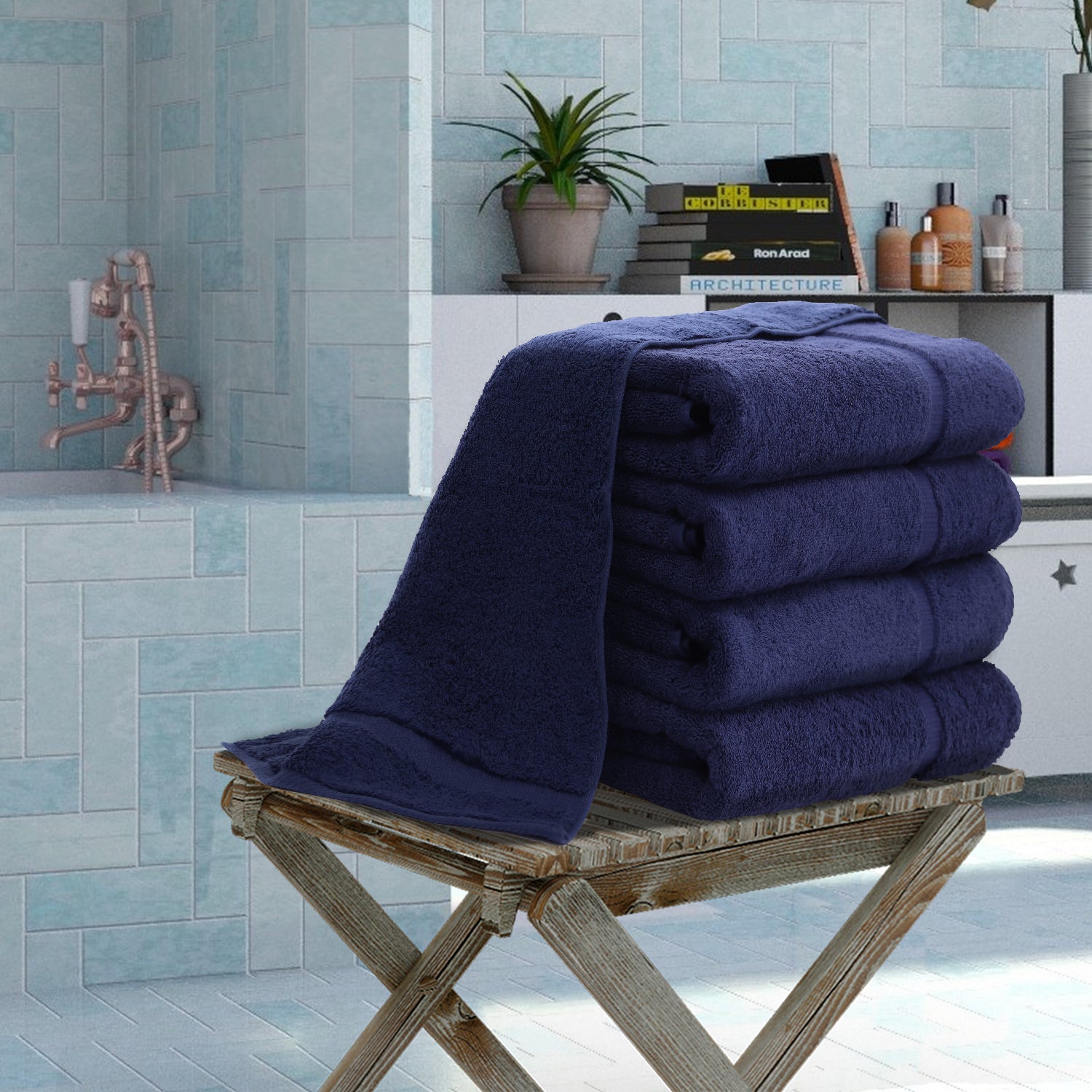 Hotel Balfour Turkish Cotton Bath Spa Towel Set of 4 Bath Hand Towels White  Blue